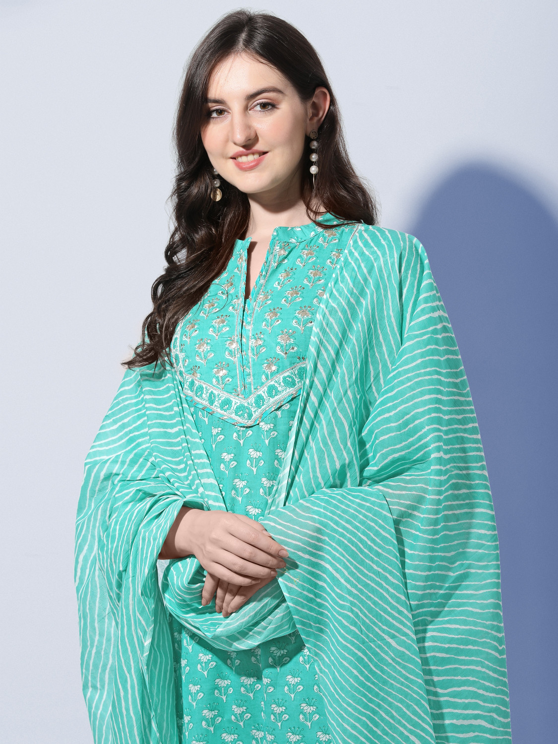 Image of MIRCHI FASHION Women Pure Cotton Kurta Pant Dupatta Set