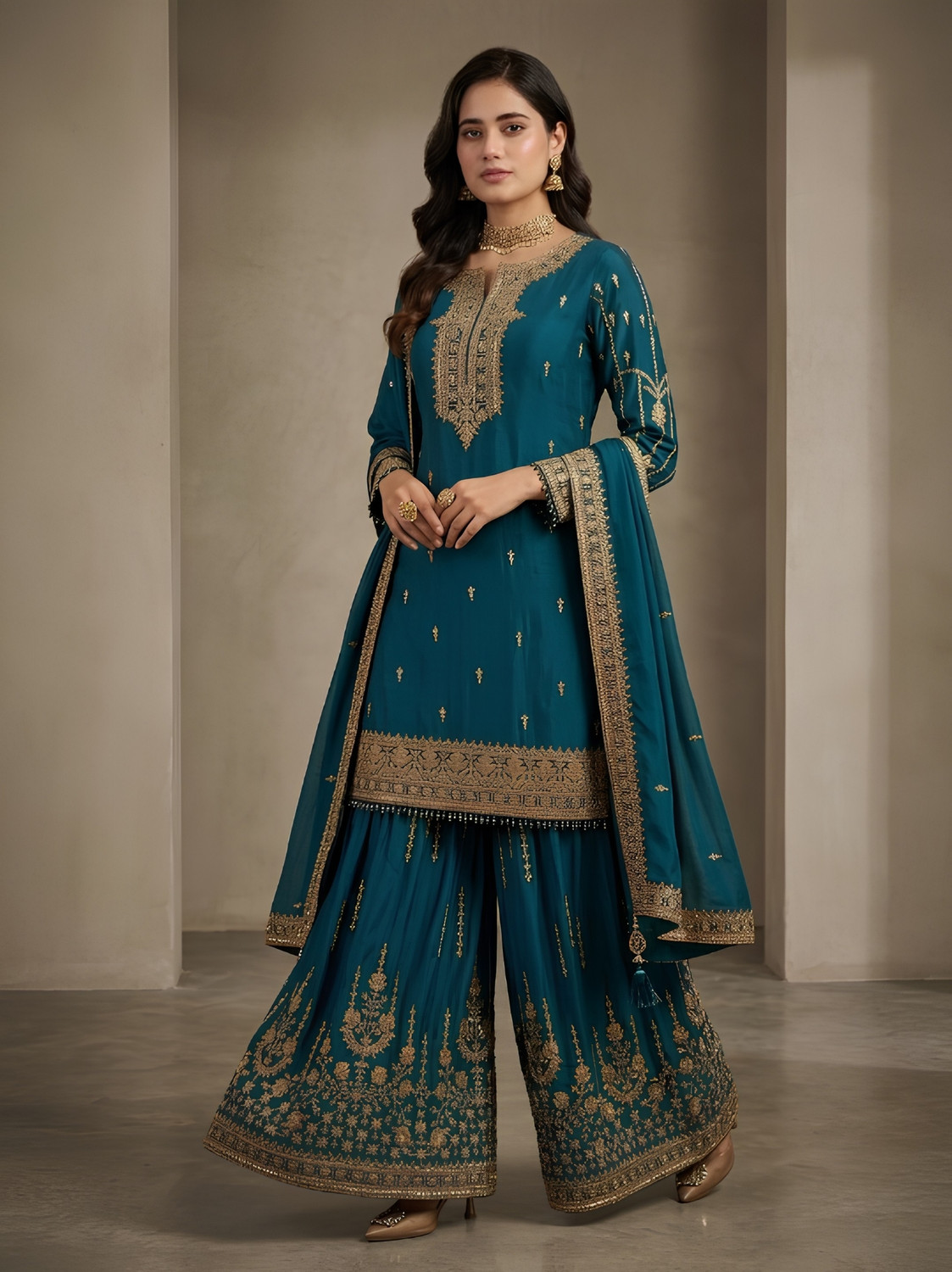 Image of SHISHKALA Embroidered Kurta, Sharara & Dupatta Set