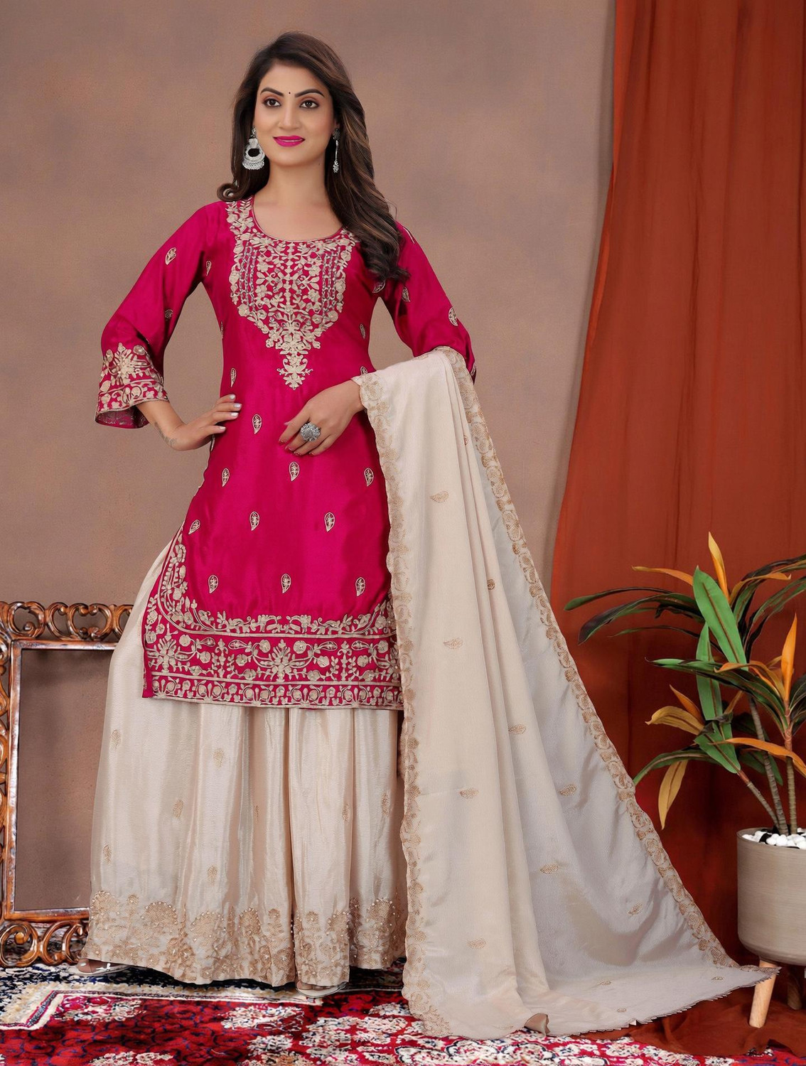 Image of Samragni Women Silk Blend Kurta Palazzo Dupatta Set