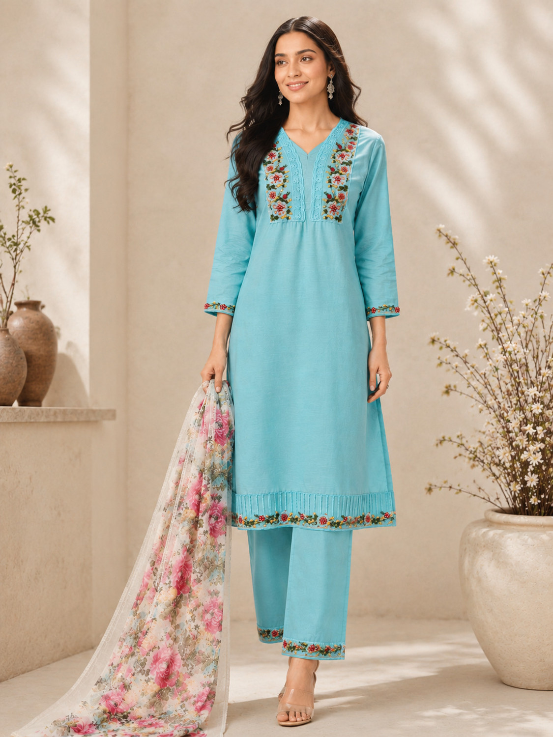 Image of jay randal Women Cotton Rayon Kurta Pant Dupatta Set