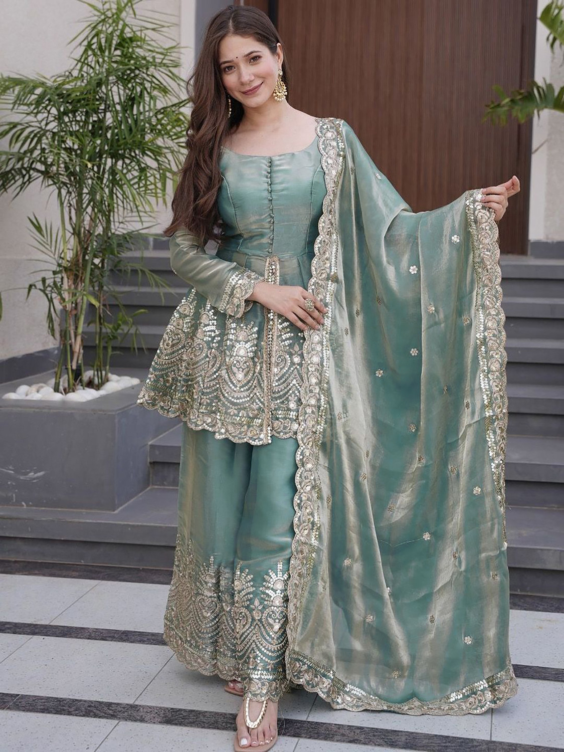 Image of Samragni Women Silk Blend Kurta Palazzo Dupatta Set