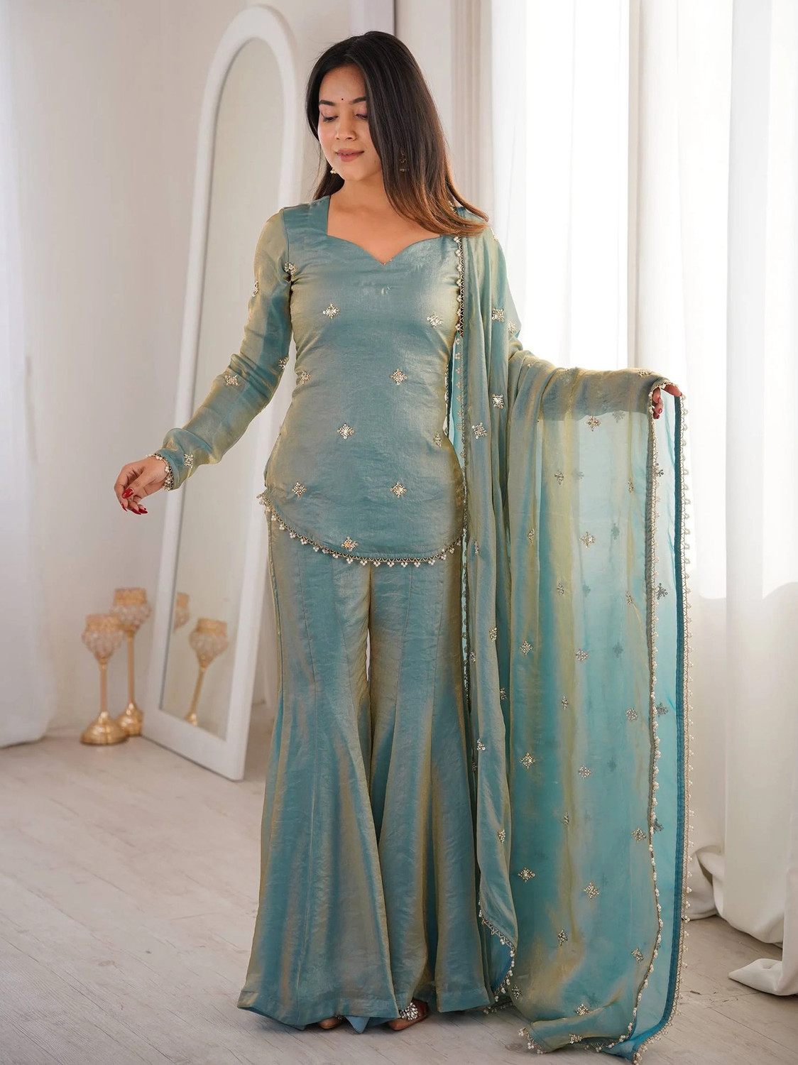 Image of KHODIYAR ENTERPRISE Women Georgette Ethnic Top Palazzo Dupatta Set