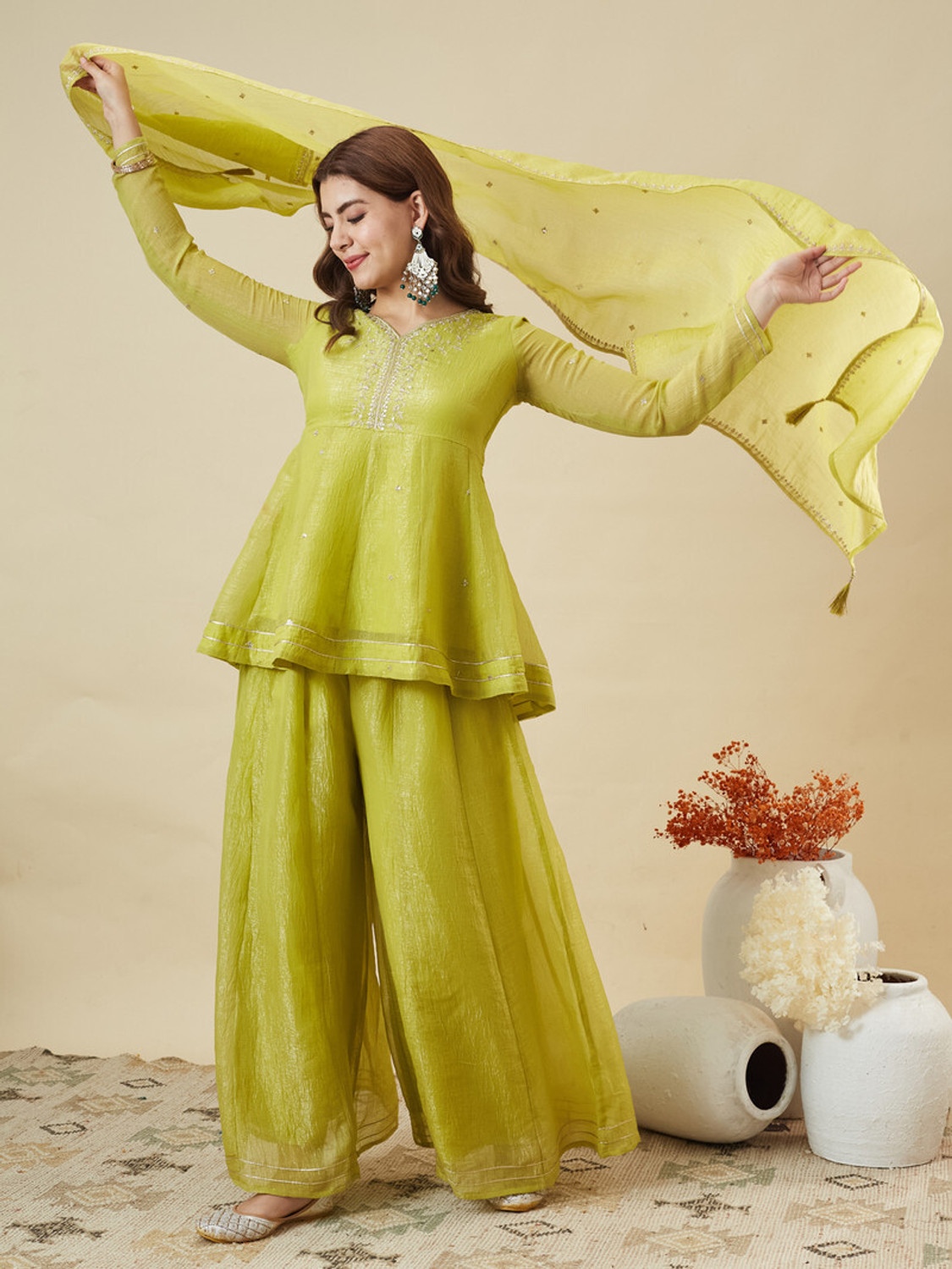 Image of Samragni Women Silk Blend Kurta Palazzo Dupatta Set