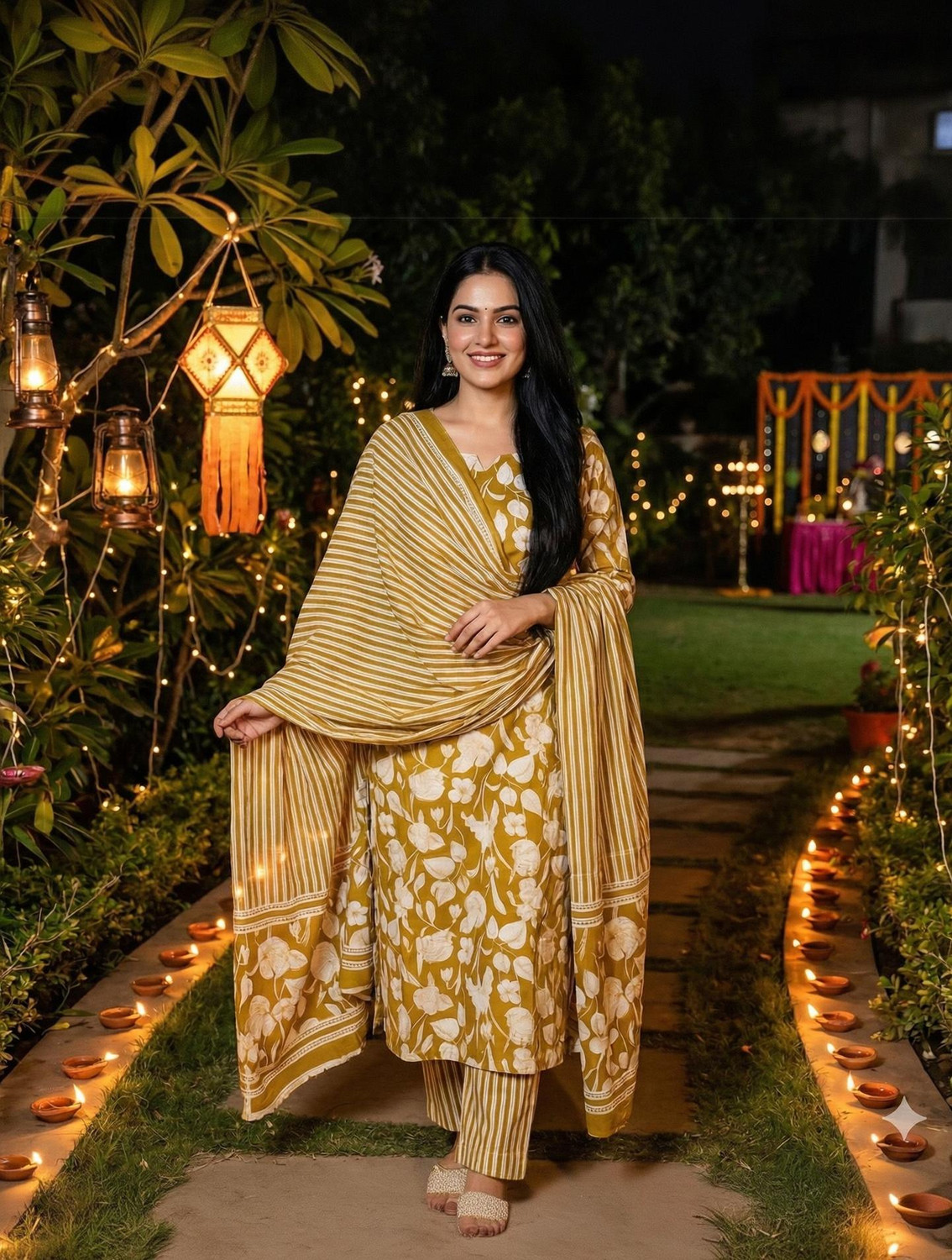 Image of HOUSE OF CLOTHES Women Pure Cotton Kurta Pant Dupatta Set