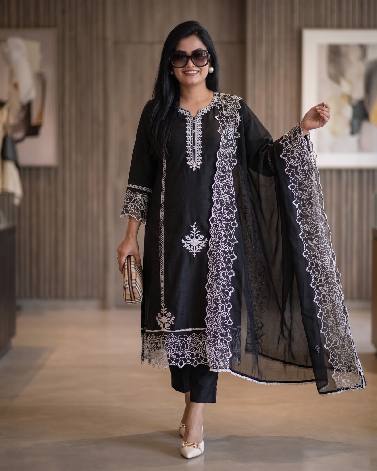Image of Blue Wish Women Net Kurta Pant Dupatta Set