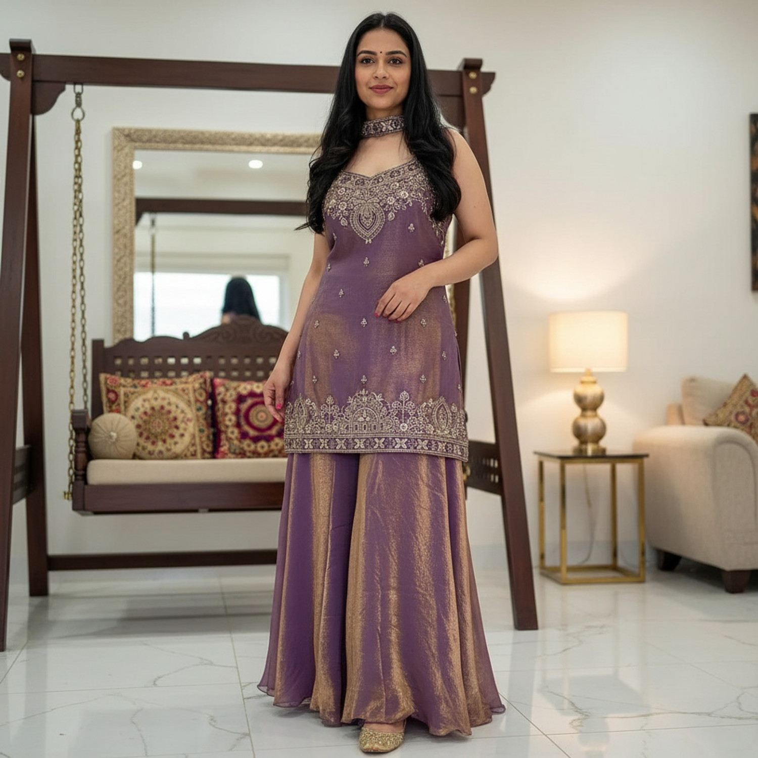 Image of Samragni Women Silk Blend Kurta Palazzo Dupatta Set