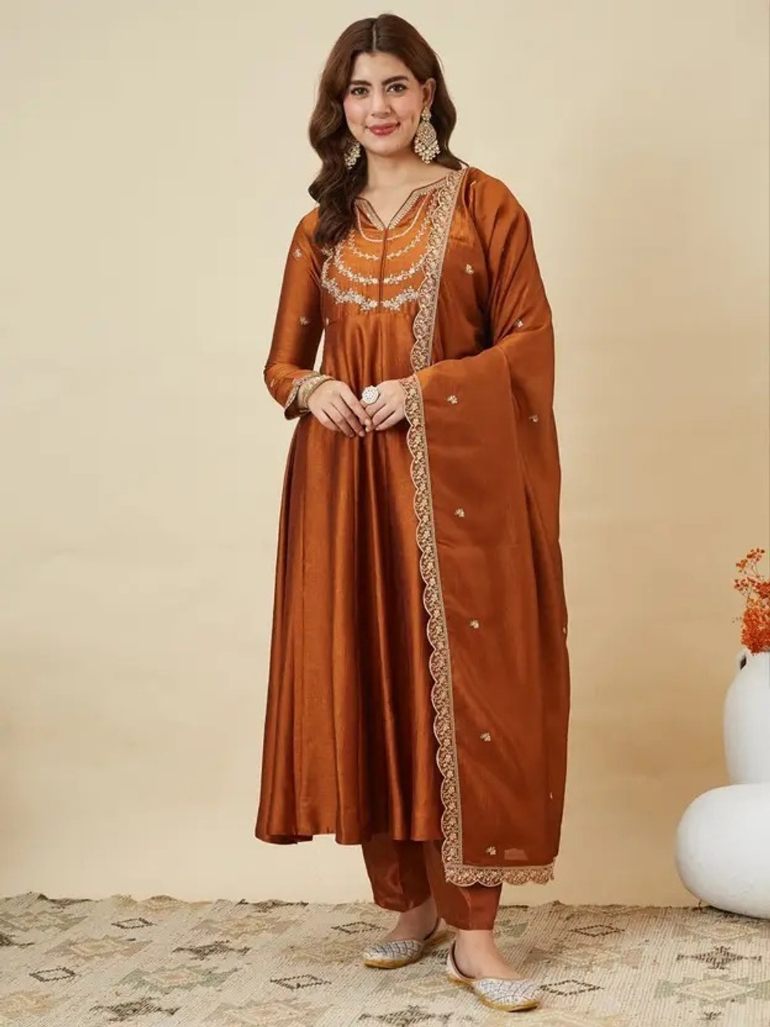 Image of ARVILAS Embroidered Kurta, Trouser /Pant & Dupatta Set