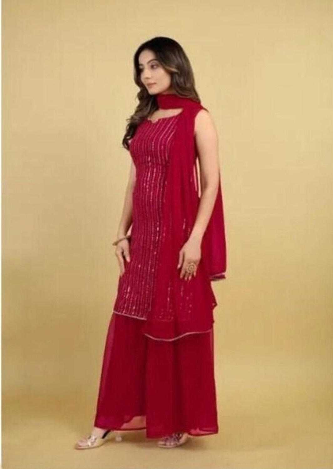 Image of KHODIYAR ENTERPRISE Women Georgette Ethnic Top Palazzo Dupatta Set