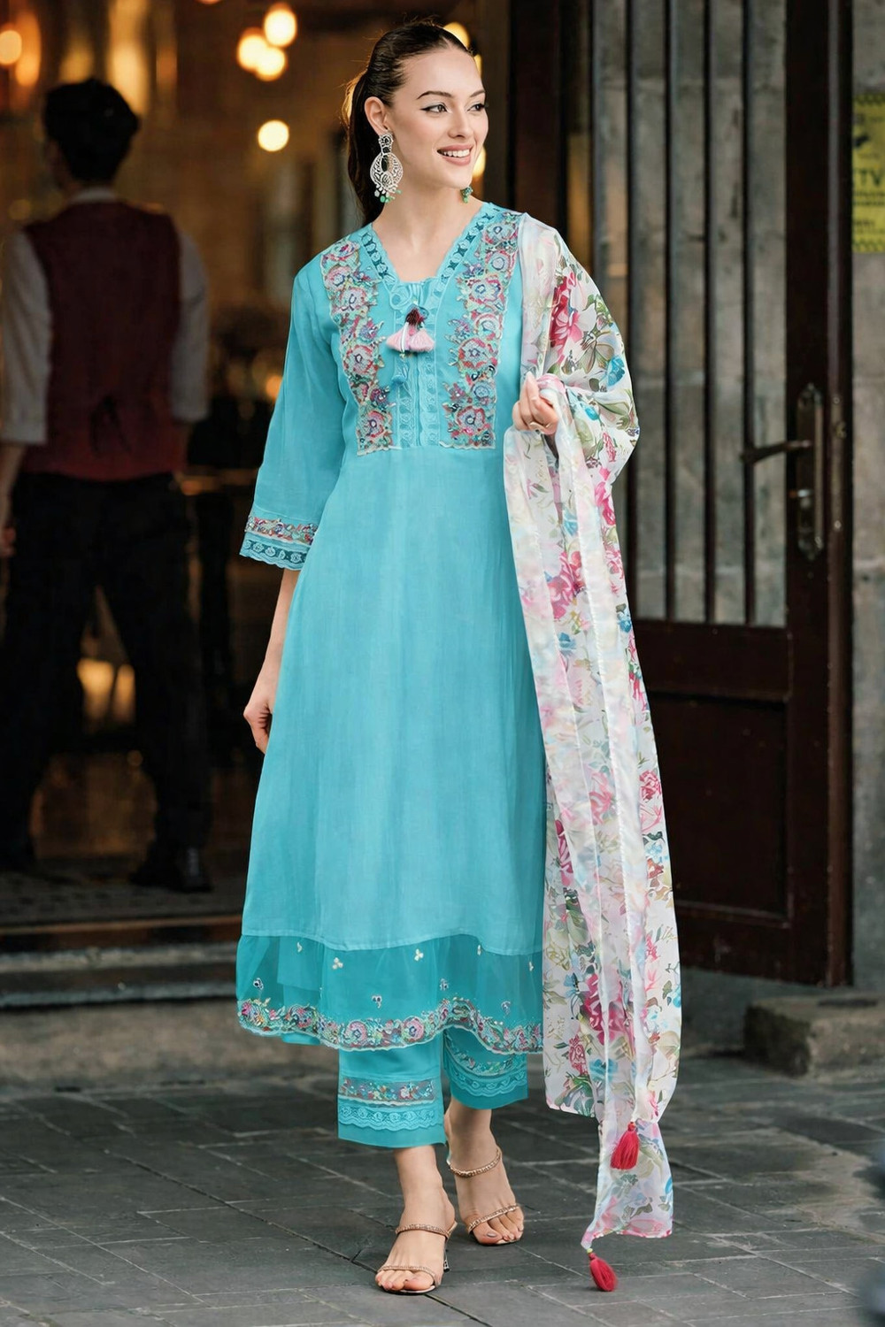 Image of jay randal Women Cotton Rayon Kurta Pant Dupatta Set