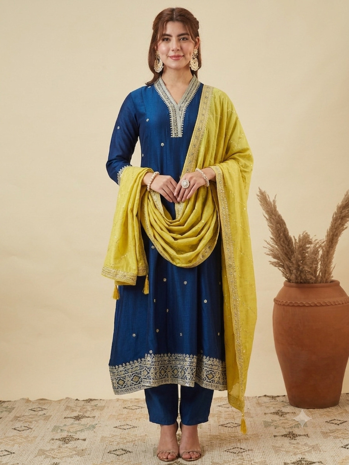 Image of MOKOSH Women Silk Blend Kurta Pant Dupatta Set