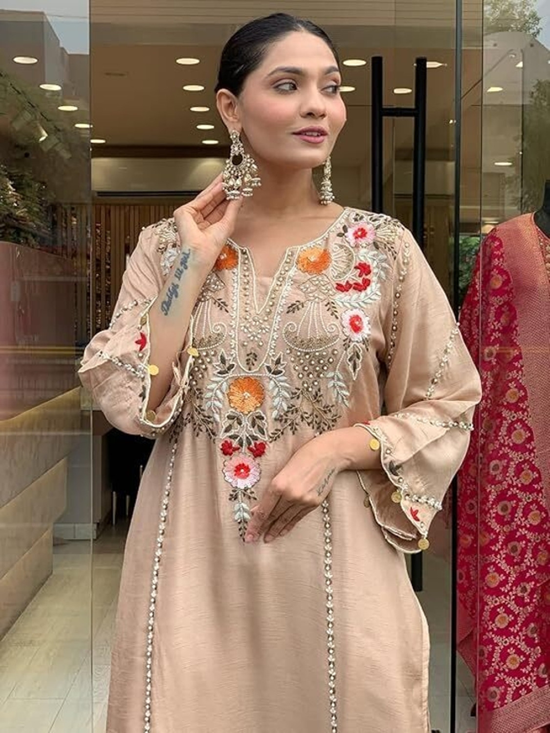 Image of VASTU CREATION Women Cotton Silk Kurta Sharara Dupatta Set