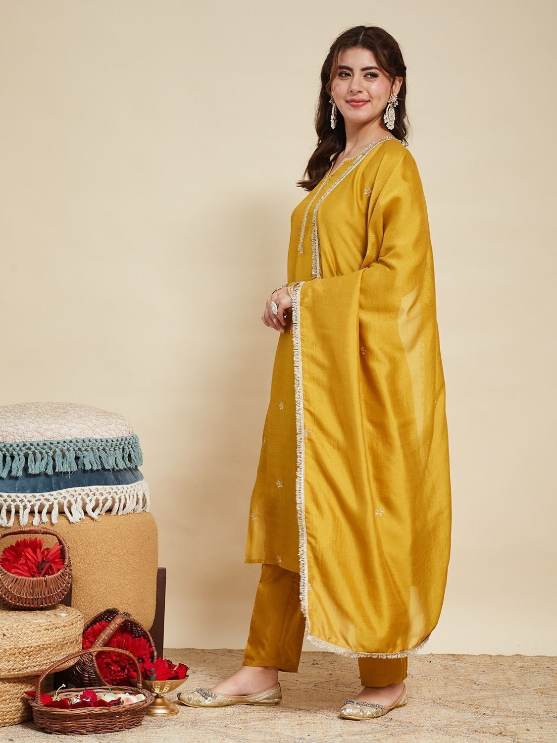 Image of MOKOSH Women Pure Silk Kurta Pant Dupatta Set