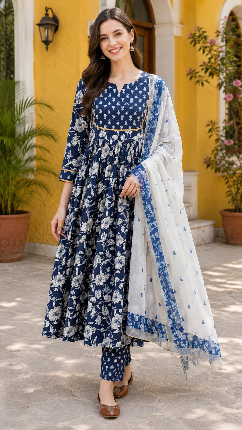 Image of KALPHEM Women Pure Cotton Floral Print Kurta, Palazzo & Dupatta Set