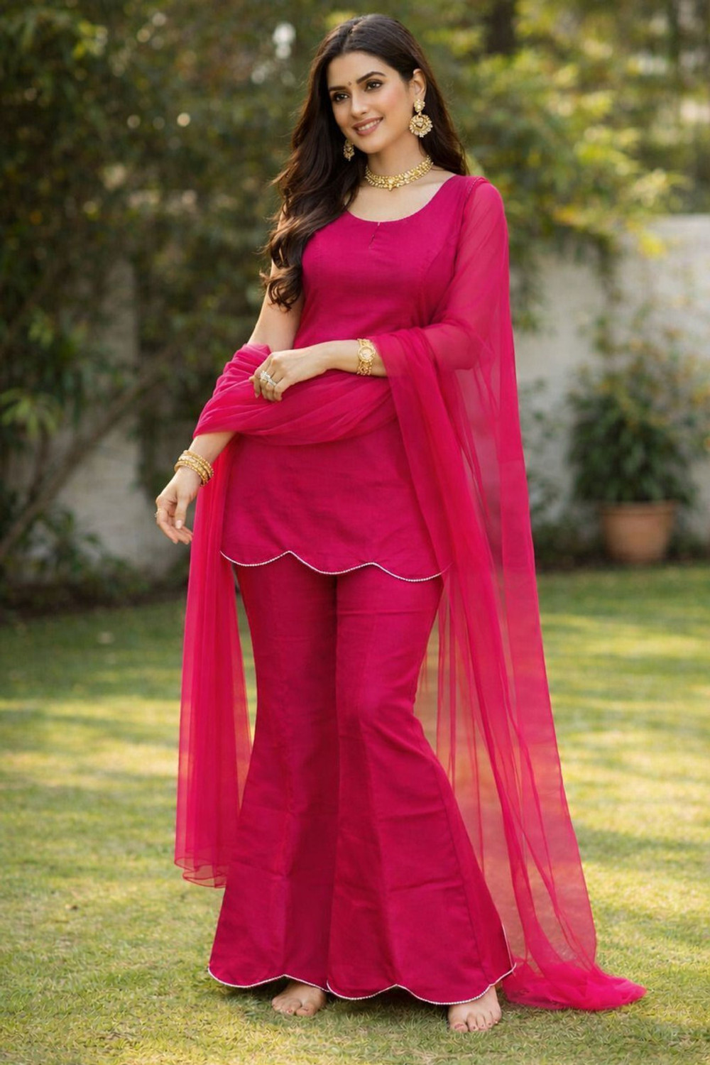 Image of KHODIYAR ENTERPRISE Women Georgette Ethnic Top Palazzo Dupatta Set
