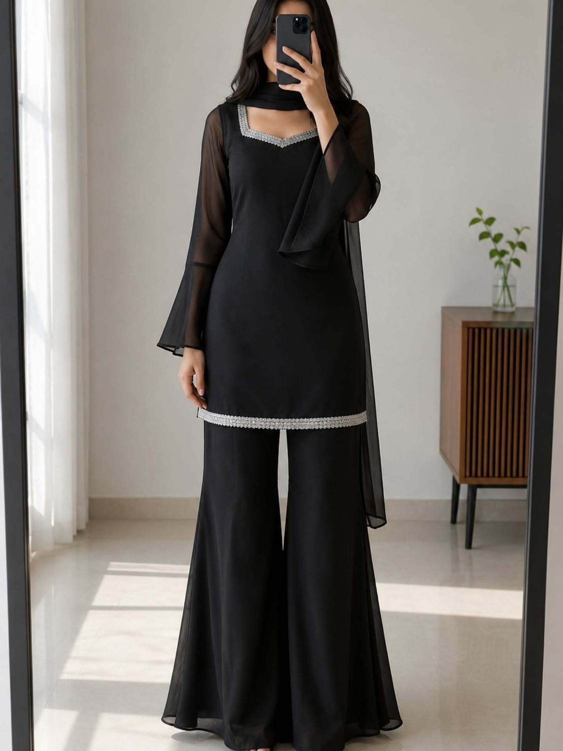 Image of KHODIYAR ENTERPRISE Women Georgette Ethnic Top Palazzo Dupatta Set