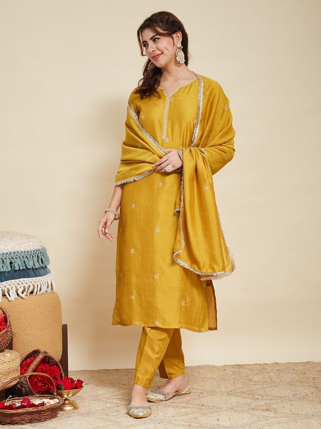 Image of MOKOSH Women Pure Silk Kurta Pant Dupatta Set