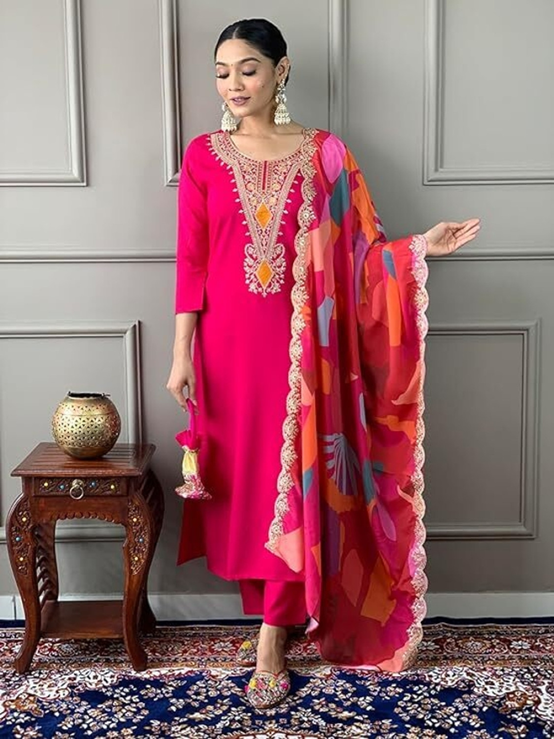 Image of Priniti Women Cotton Rayon Kurta Pant Dupatta Set