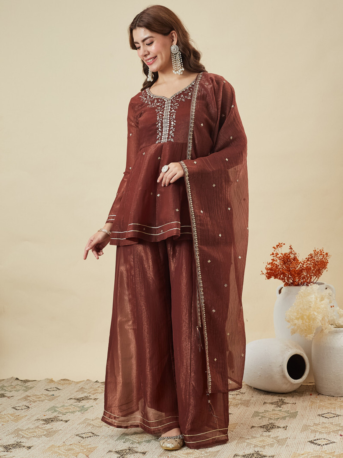 Image of Samragni Women Silk Blend Kurta Palazzo Dupatta Set