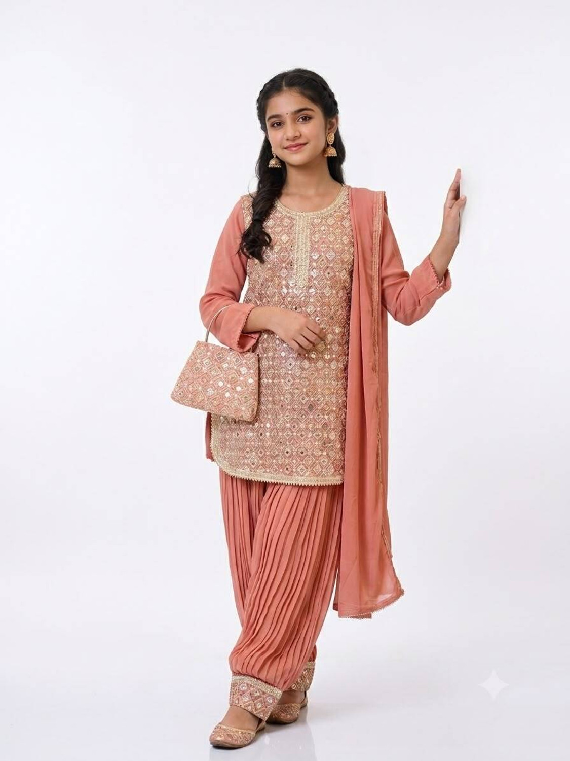 Image of HERE&NOW Women Georgette Kurta Palazzo Dupatta Set