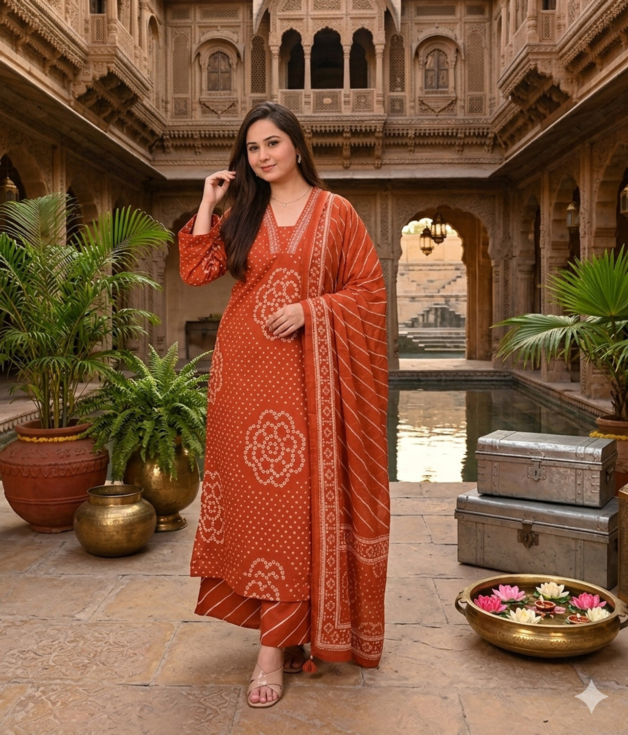 Image of Gosriki Women Cotton Blend Kurta Pant Dupatta Set