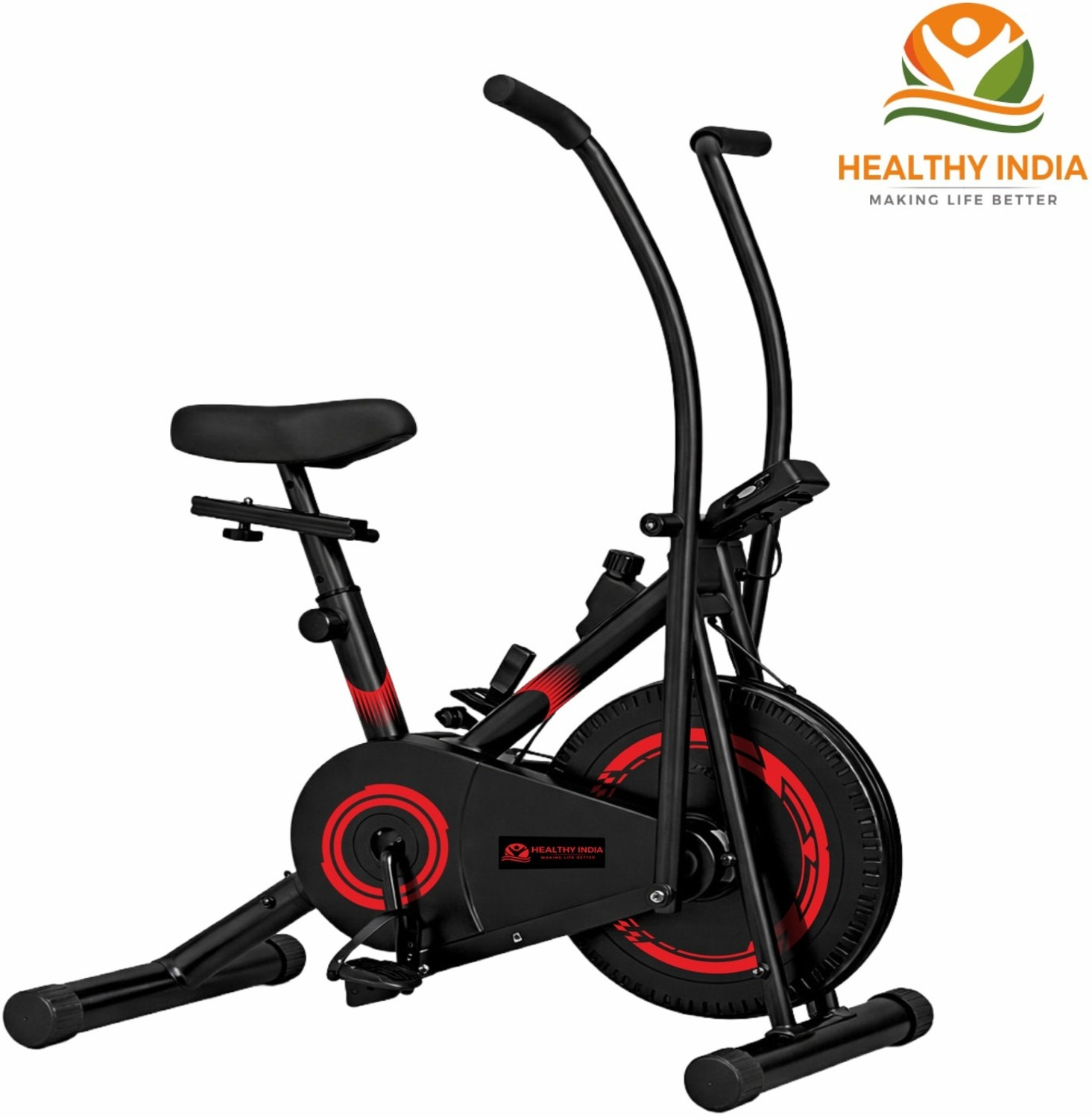 Image of HEALTHYINDIA Fitness Exercise Bike Moving Handle 8 Level Resistance Total Body Workout Dual-Action Stationary Exercise Bike (Red, Black)