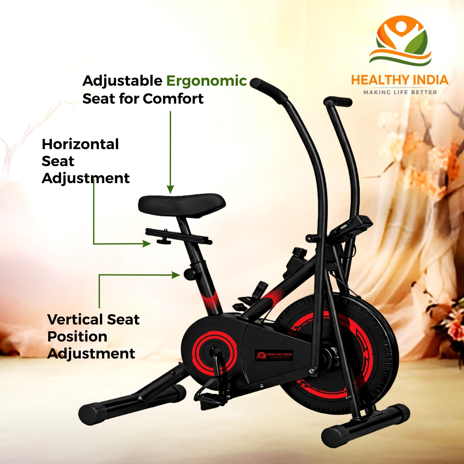 Image of HEALTHYINDIA Fitness Exercise Bike Moving Handle 8 Level Resistance Total Body Workout Dual-Action Stationary Exercise Bike (Red, Black)