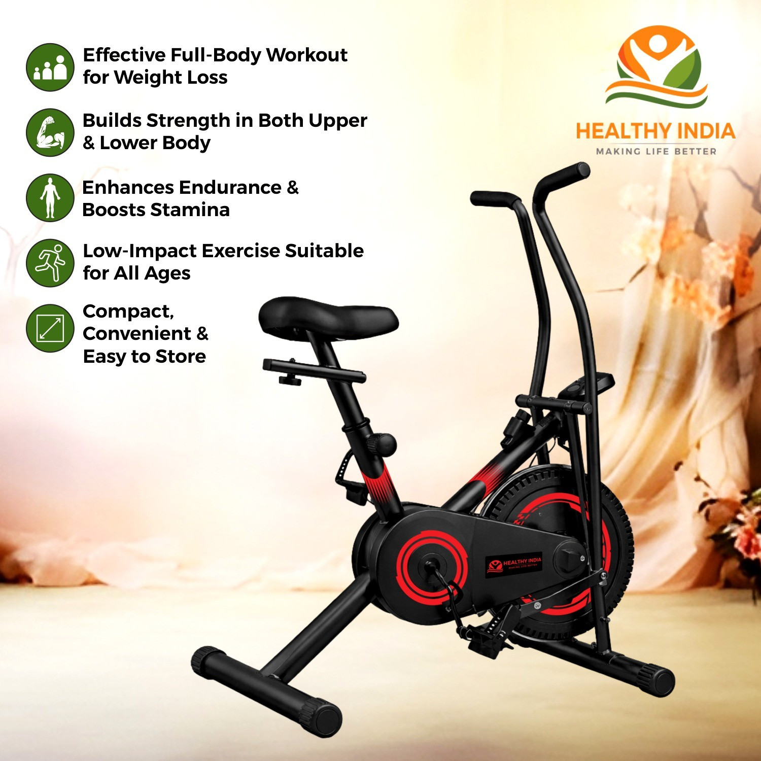 Image of HEALTHYINDIA Fitness Exercise Bike Moving Handle 8 Level Resistance Total Body Workout Dual-Action Stationary Exercise Bike (Red, Black)