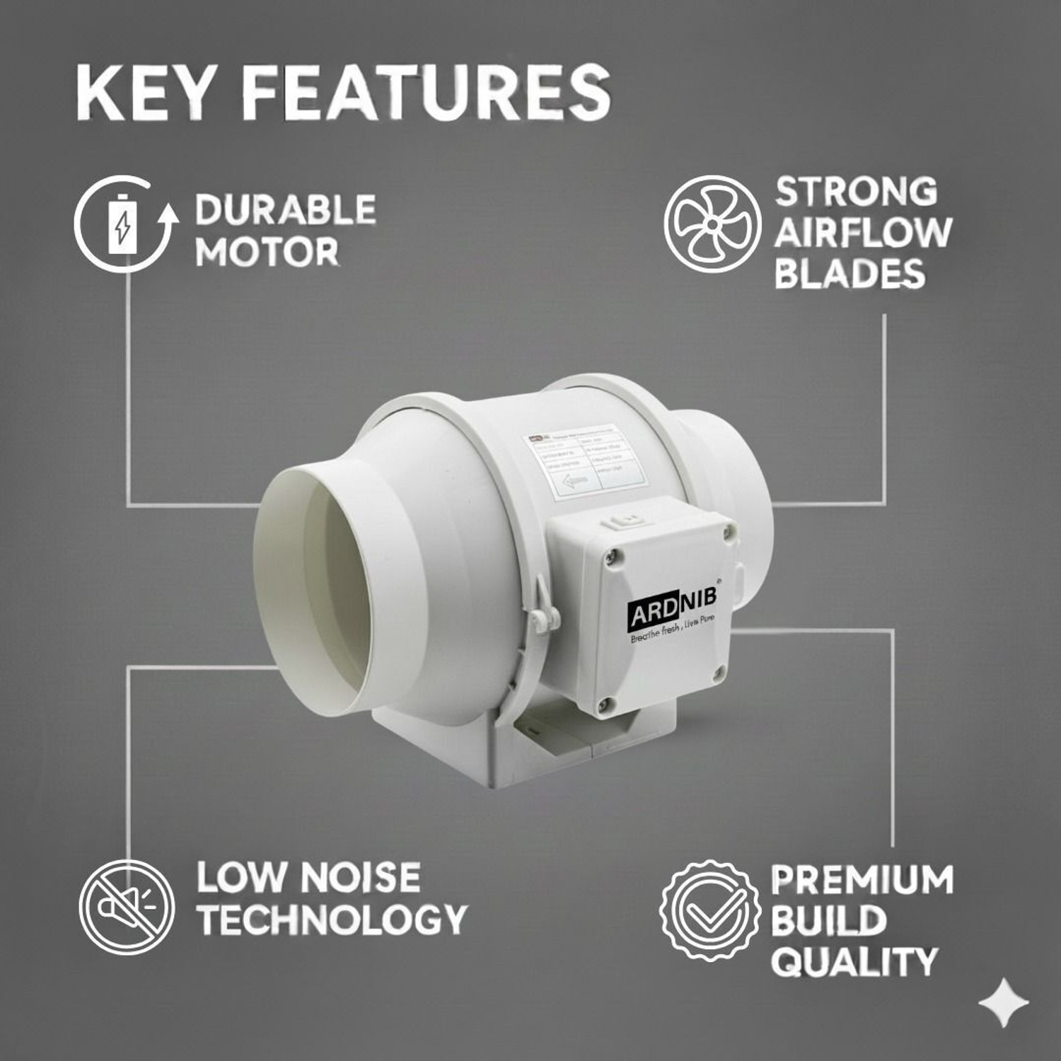Image of Ardnib 4 inch100mm Inline Duct Fan /Silent | Low Noise | 100% Copper Motor | Copper Motor 100 mm Exhaust Fan (White)