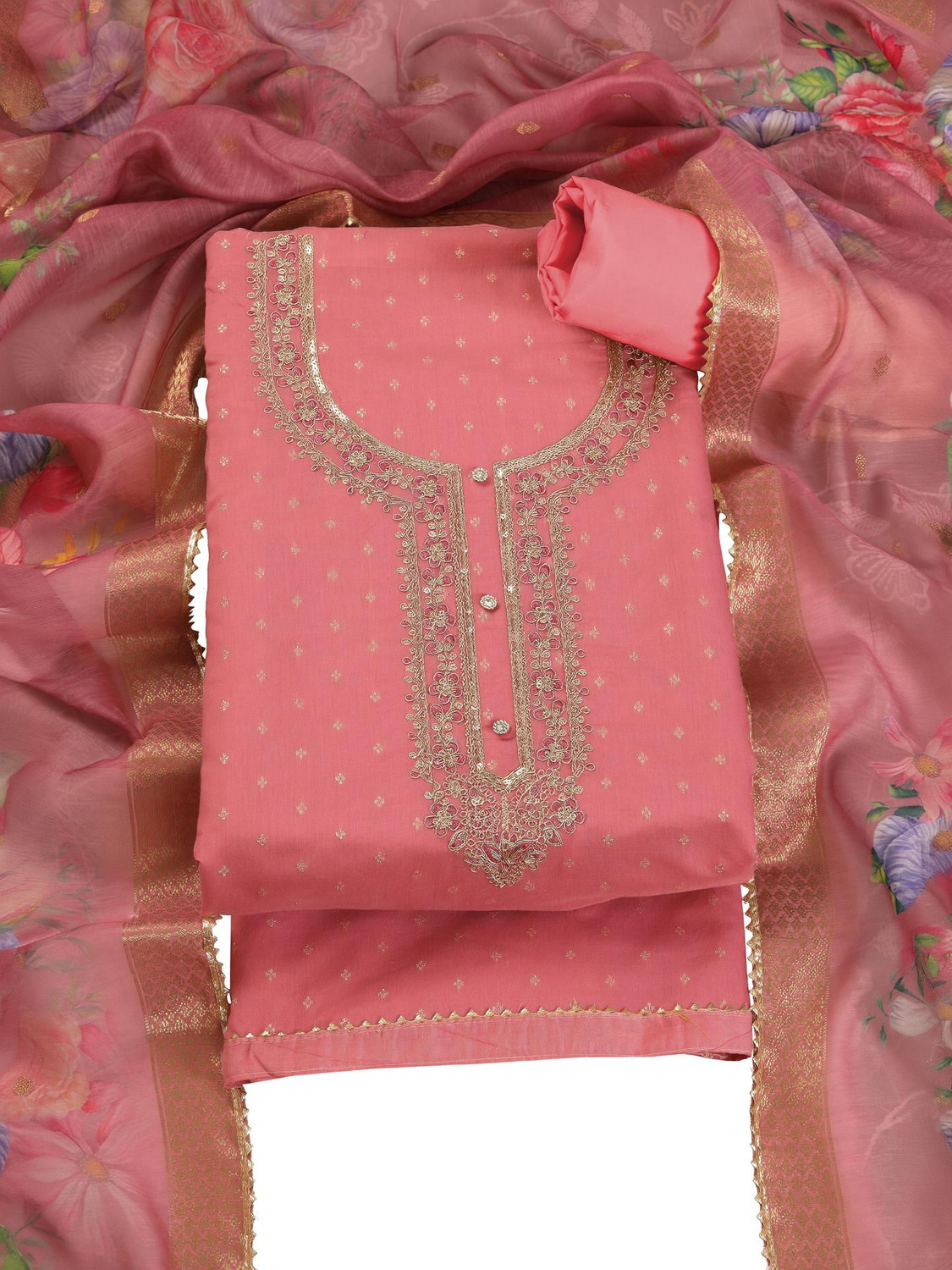 Image of Saubhagyavati Unstitched Chanderi Salwar Suit Material Printed