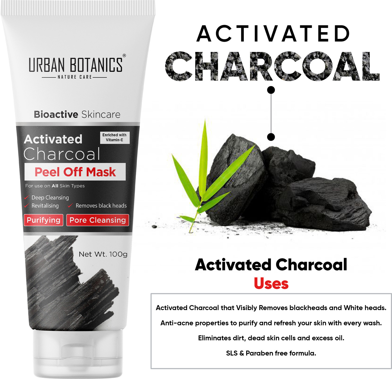 Image of UrbanBotanics Charcoal Peel off Mask For Men & Women | Removes Blackheads and Whiteheads (100 g)