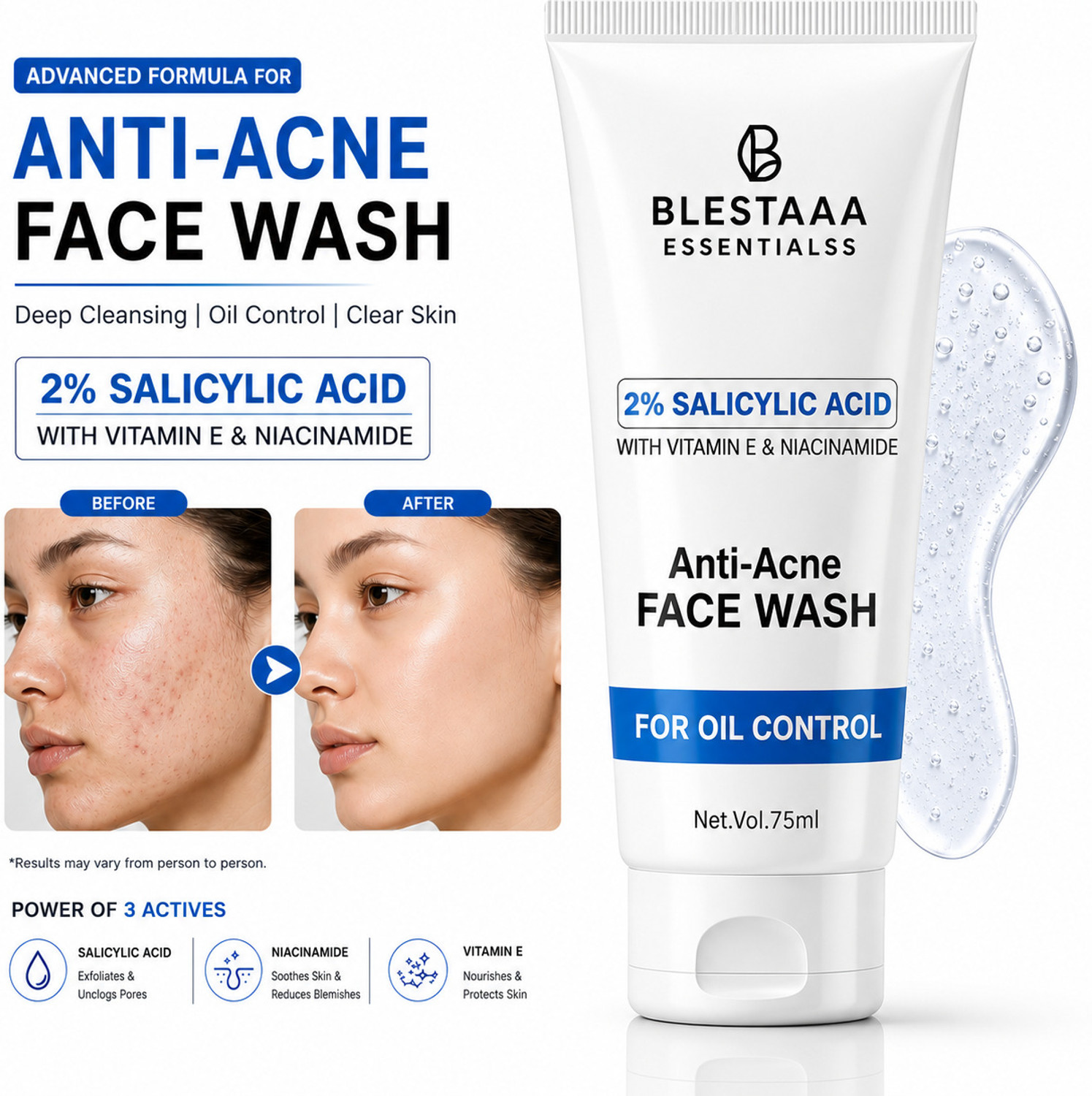 Image of blestaaa essentialss 2% Salicylic Acid For Oily Skin | Anti Face Cleanser With Niacinamide & Vitamin E For Acne Face Wash (200 ml)