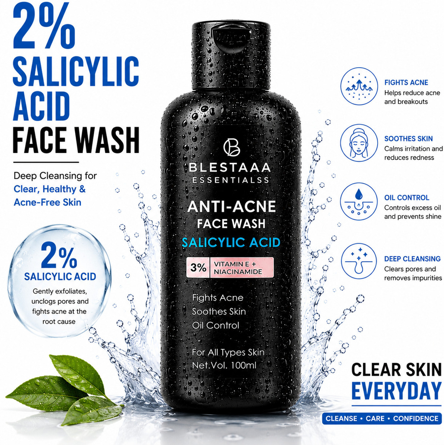 Image of blestaaa essentialss 2% Salicylic Acid For Oily Skin | Anti Face Cleanser With Niacinamide & Vitamin E For Acne Face Wash (200 ml)