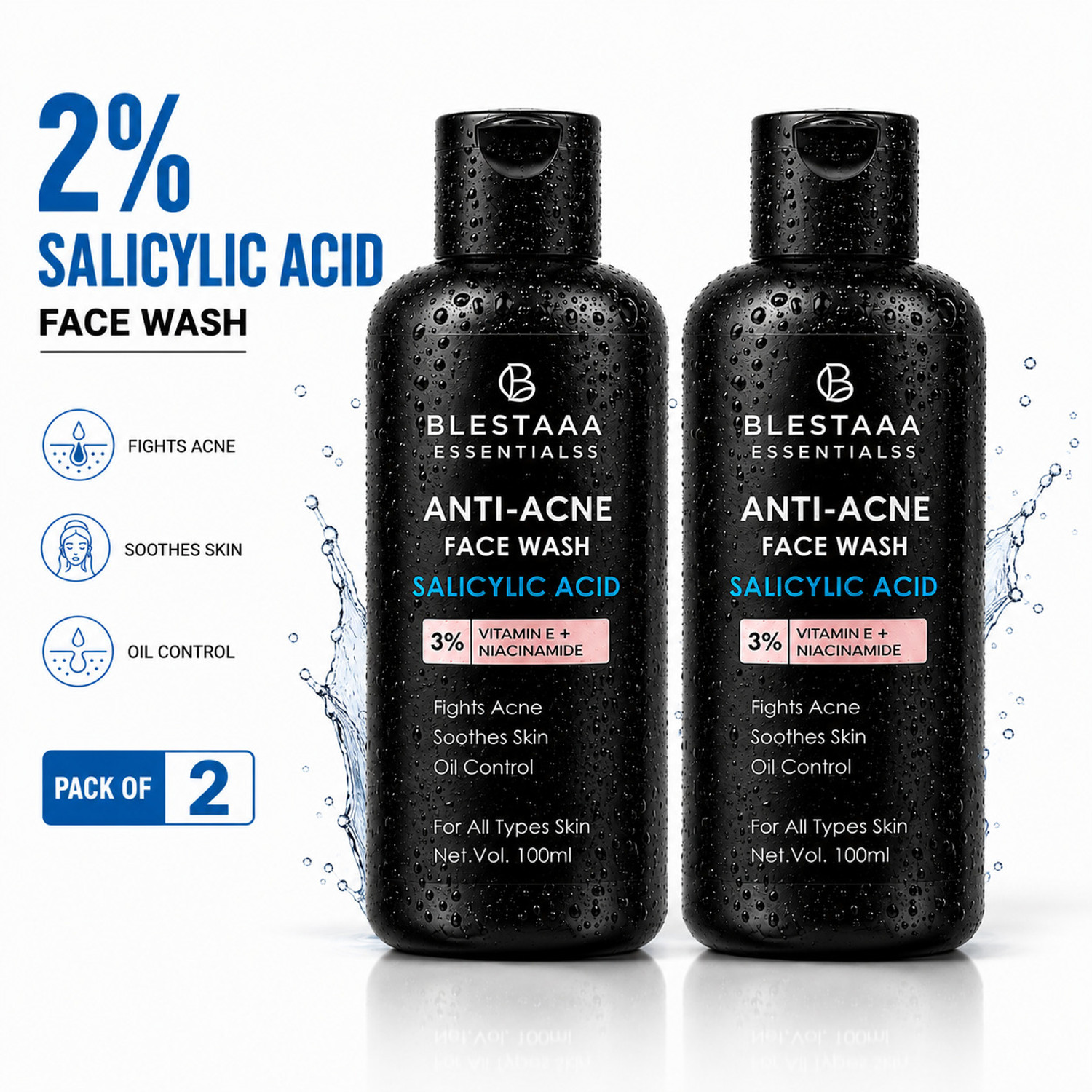 Image of blestaaa essentialss 2% Salicylic Acid For Oily Skin | Anti Face Cleanser With Niacinamide & Vitamin E For Acne Face Wash (200 ml)