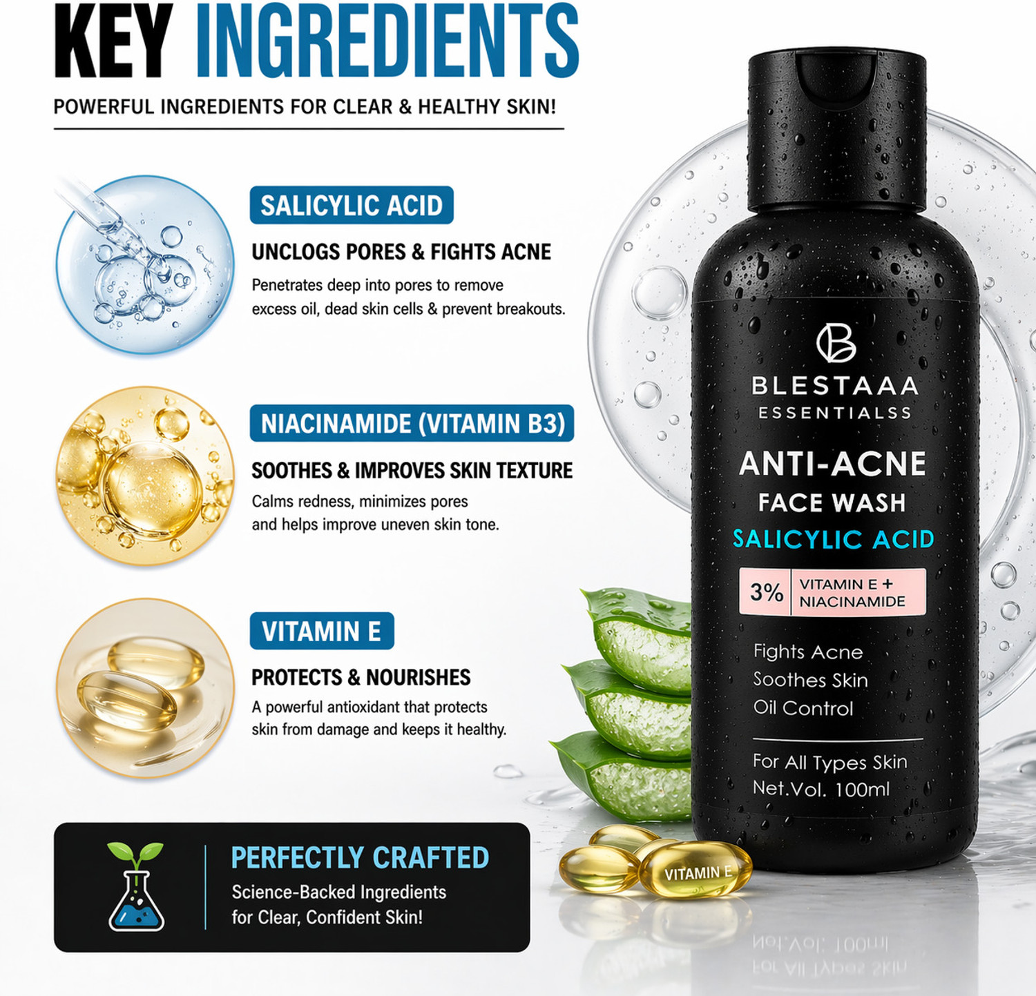Image of blestaaa essentialss 2% Salicylic Acid For Oily Skin | Anti Face Cleanser With Niacinamide & Vitamin E For Acne Face Wash (200 ml)