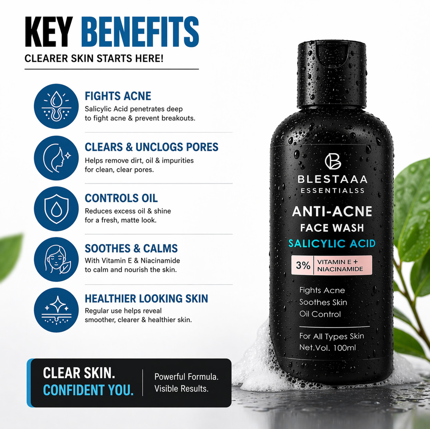 Image of blestaaa essentialss 2% Salicylic Acid For Oily Skin | Anti Face Cleanser With Niacinamide & Vitamin E For Acne Face Wash (200 ml)