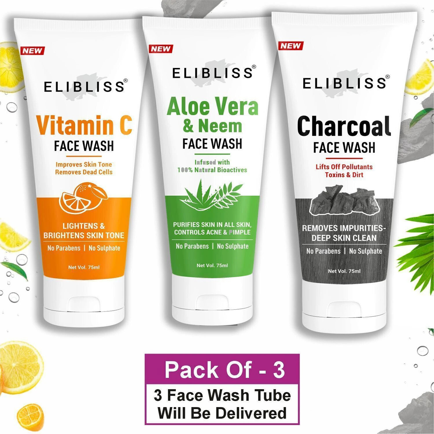 ELIBLISS Vitamin C, Neem, Charcoal Pack of 3 - Image 1