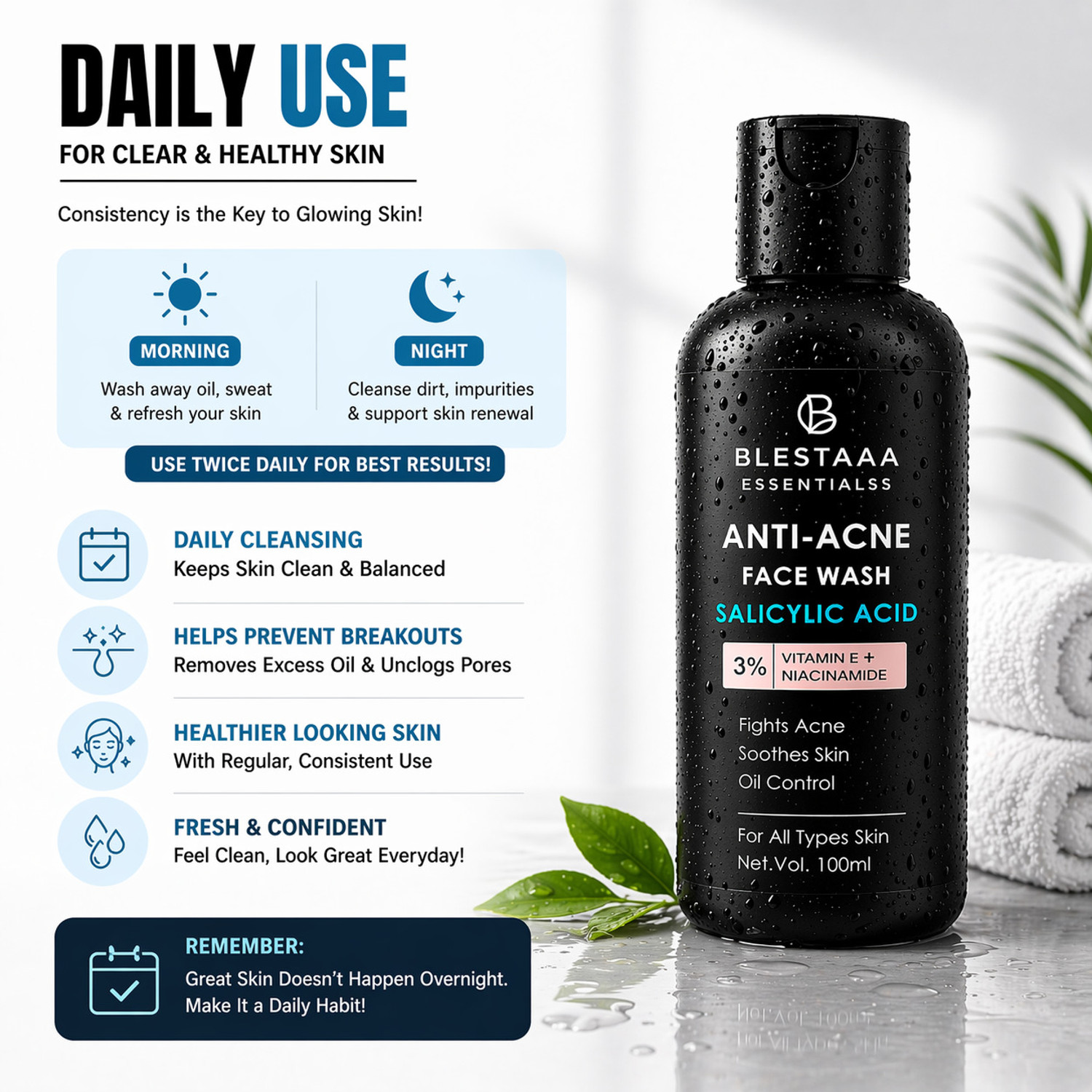 Image of blestaaa essentialss 2% Salicylic Acid For Oily Skin | Anti Face Cleanser With Niacinamide & Vitamin E For Acne Face Wash (200 ml)