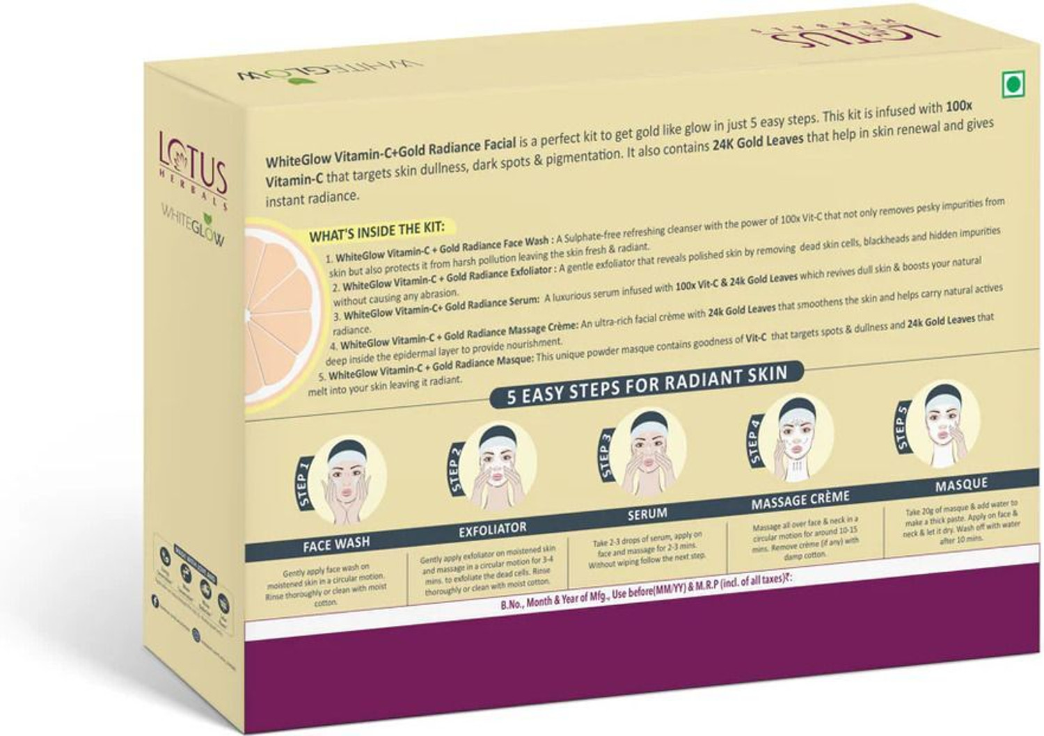 Image of LOTUS HERBALS Whiteglow Vitamin-C + Gold Radiance Facial Kit 57 g (57 g)
