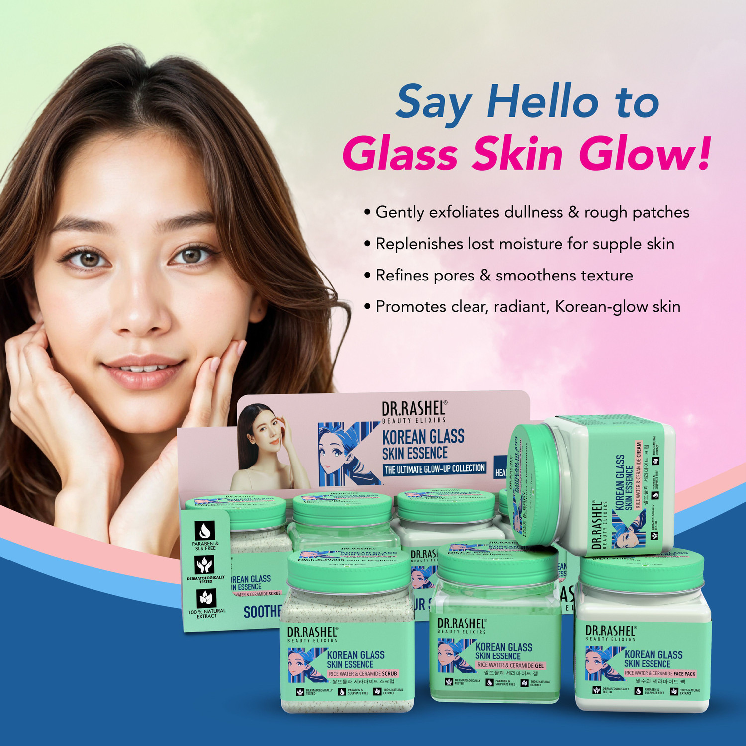 Image of DR.RASHEL Korean Glass Skin Essence Facial Kit | Scrub, Gel, Face Pack, Cream | 1520 ml (4 x 380 ml)