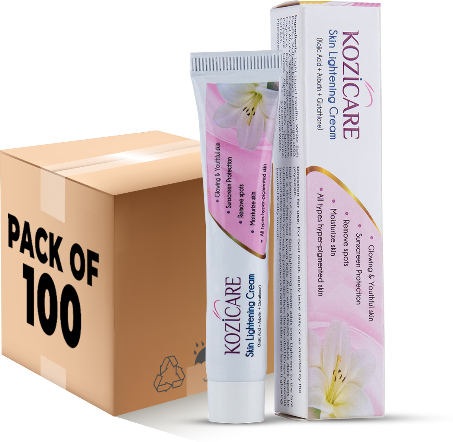 Image of Kozicare Skin Lightening Cream with Kojic Acid, Arbutin, Glutathione (Pack of 100) (1500 g)