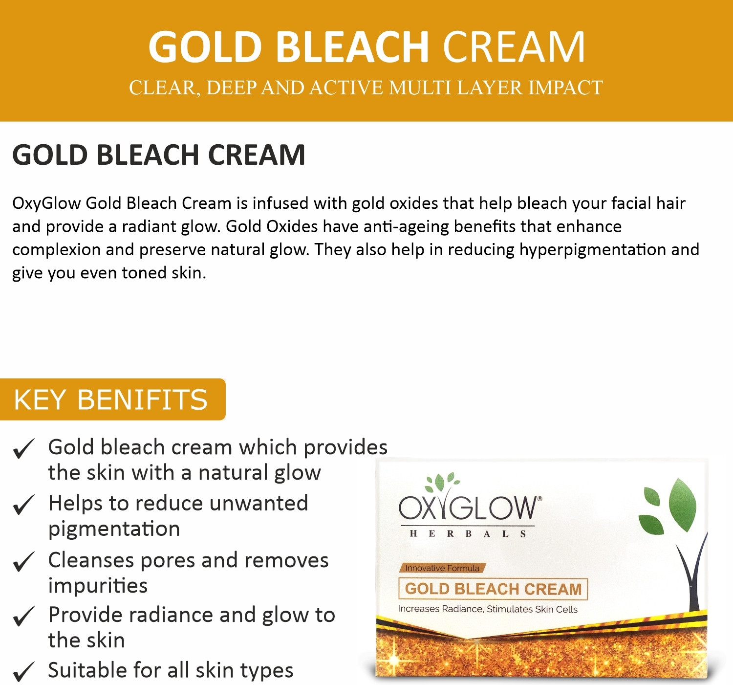 Image of oxy glow herbals Gold Bleach Cream 300gm (Pack of 3)Increase Radiance Stimulates Skin Cells (900 g)