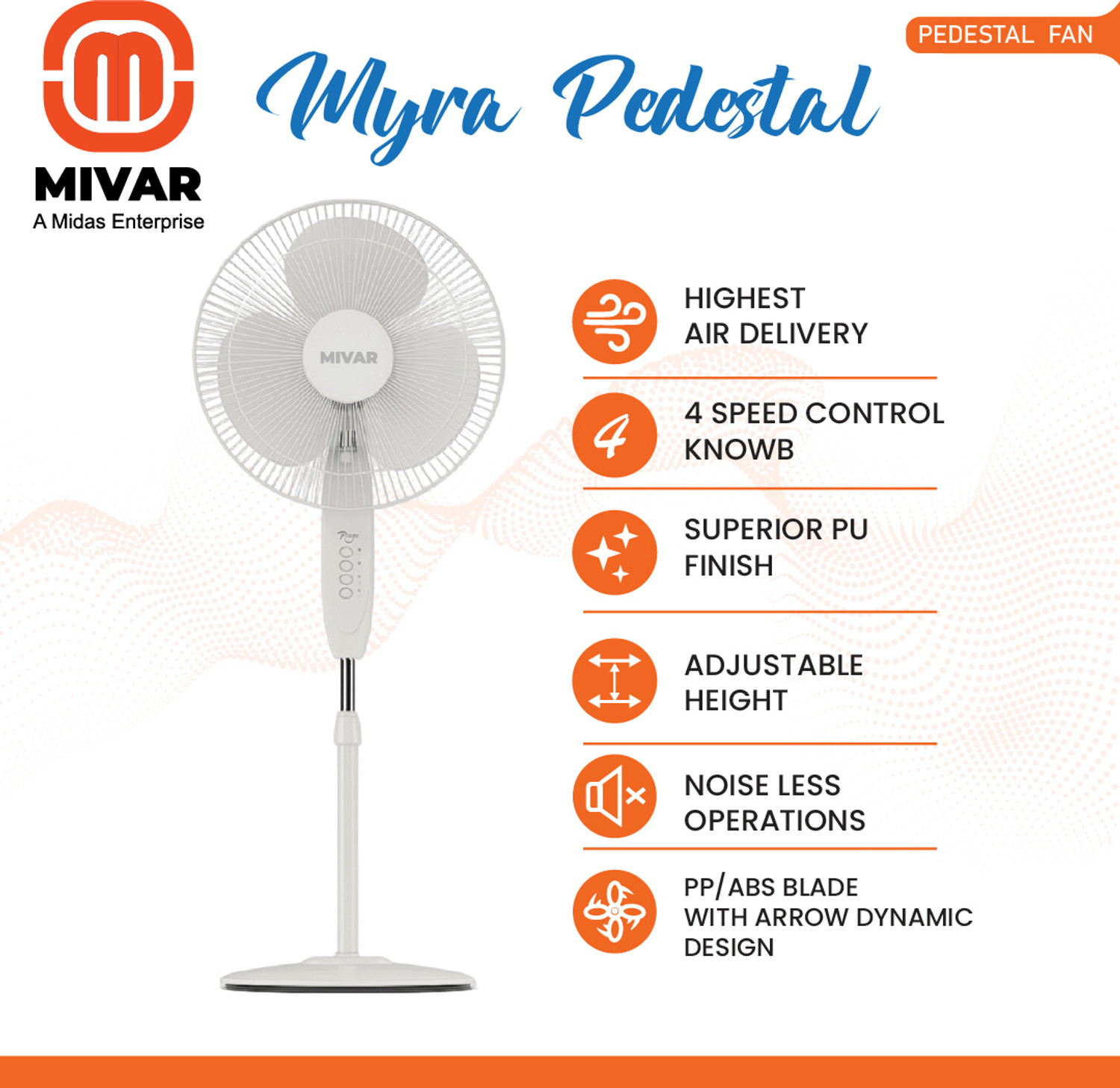 Image of MIDAS ELECTRONICS ME-MR-PF-HS-400 with 24 Months Warranty High Air Delivery 400 mm Pedestal Fan (4 Star | WHITE | Pack of 1)