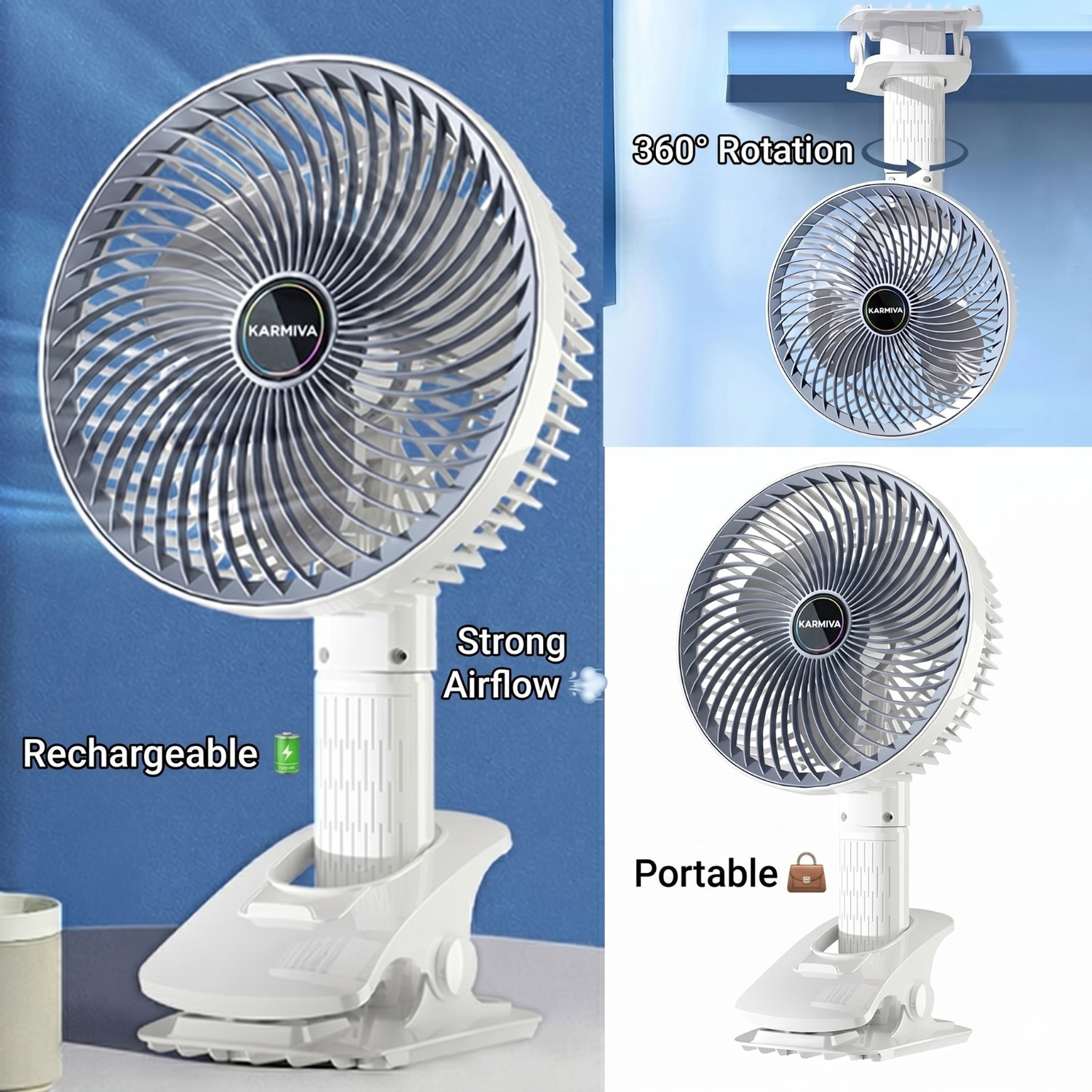 Image of KARMIVA Portable Clip On Fan Battery Operated 6 Inch USB Table Fan 3 Speed 150 mm with 12 Months Warranty High Air Delivery, BLDC Motor, Ultra High Speed, Energy Saving 150 mm Table Fan (Multicolor | Pack of 1)