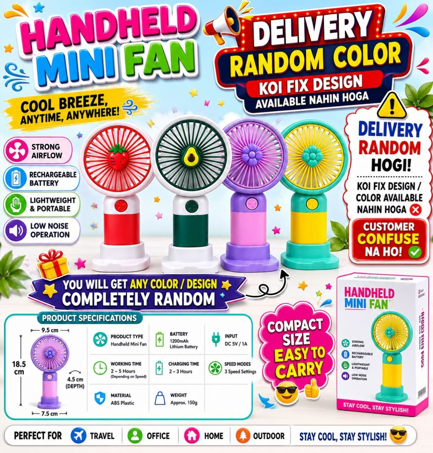 Image of YAKUNOX Portable Mini USB Fan for Indoor Outdoor Cooling Random Colour Anti Dust 90 mm Table Fan (Multicolor | Pack of 1)