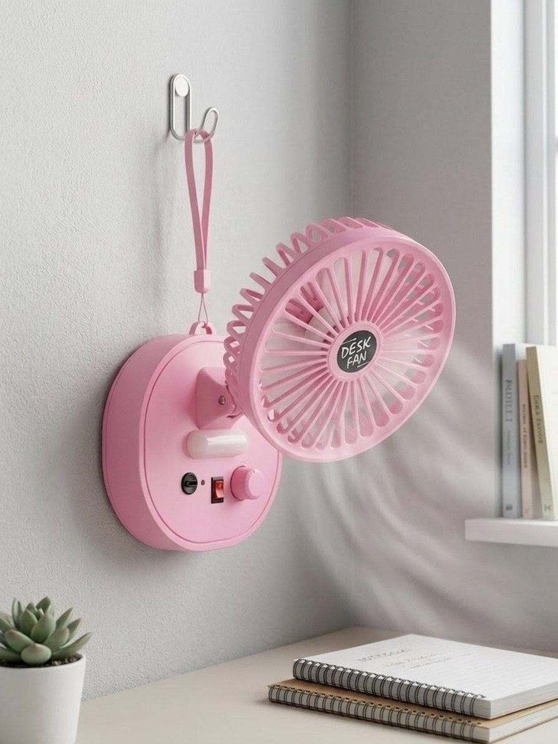 Image of Rdecom Mini USB Desk Rechargeable Fan with LED Light 6 Speed Moodes And Easy to Carry With LED Indicators 100 mm Table Fan (Pink | Pack of 1)