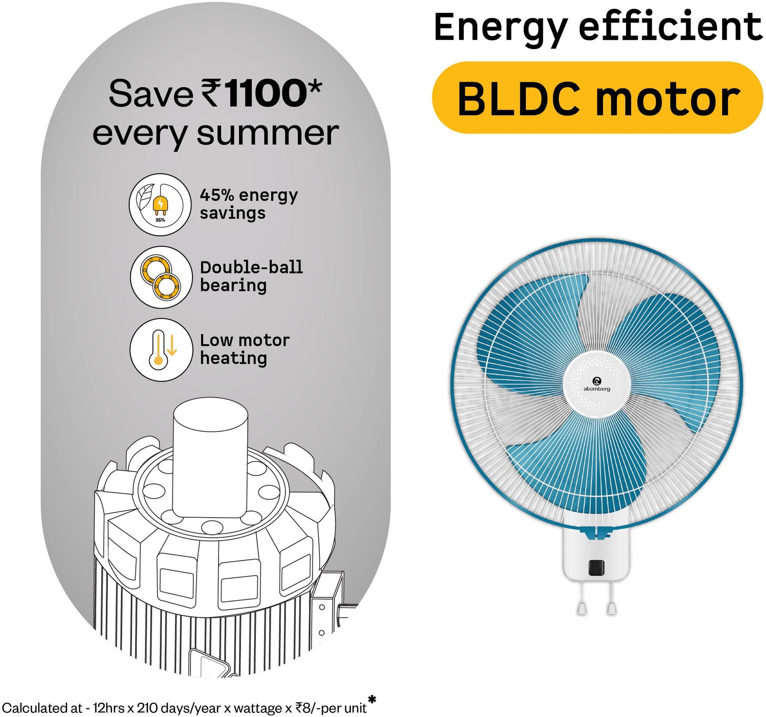 Image of Atomberg SilenceAire Hi-Speed6 SpeedsSilent wall fanHome&OfficeRemoteEnergy Saving with 2 Year Warranty BLDC Motor with Remote 400 mm Wall Fan (5 Star | Aegean Blue | Pack of 1)