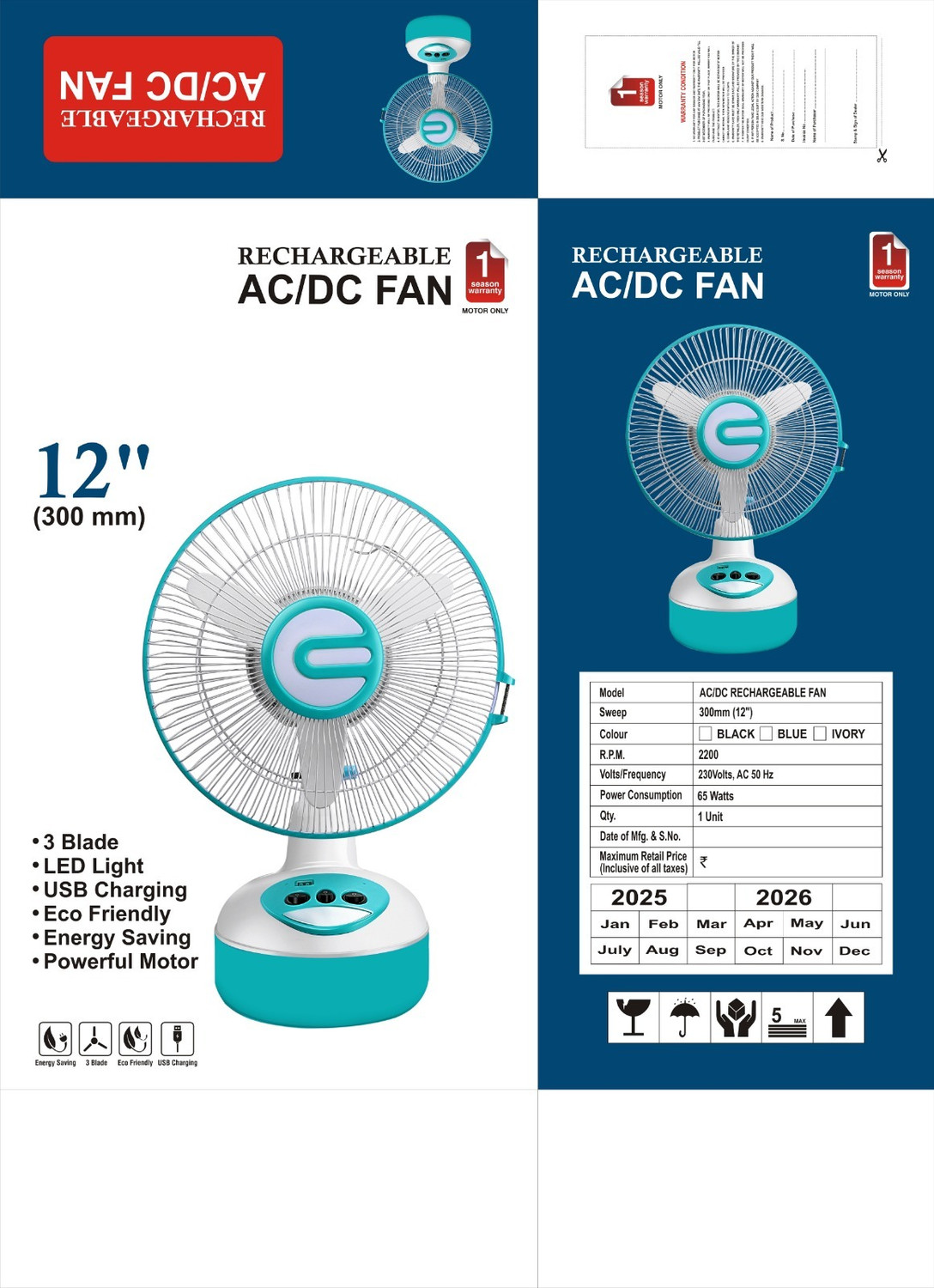 Image of SUPERLITE FAN 14 inch Rechargeable with 1 Year Warranty Ultra High Speed 300 mm Table Fan (4 Star | BLUE | Pack of 1)