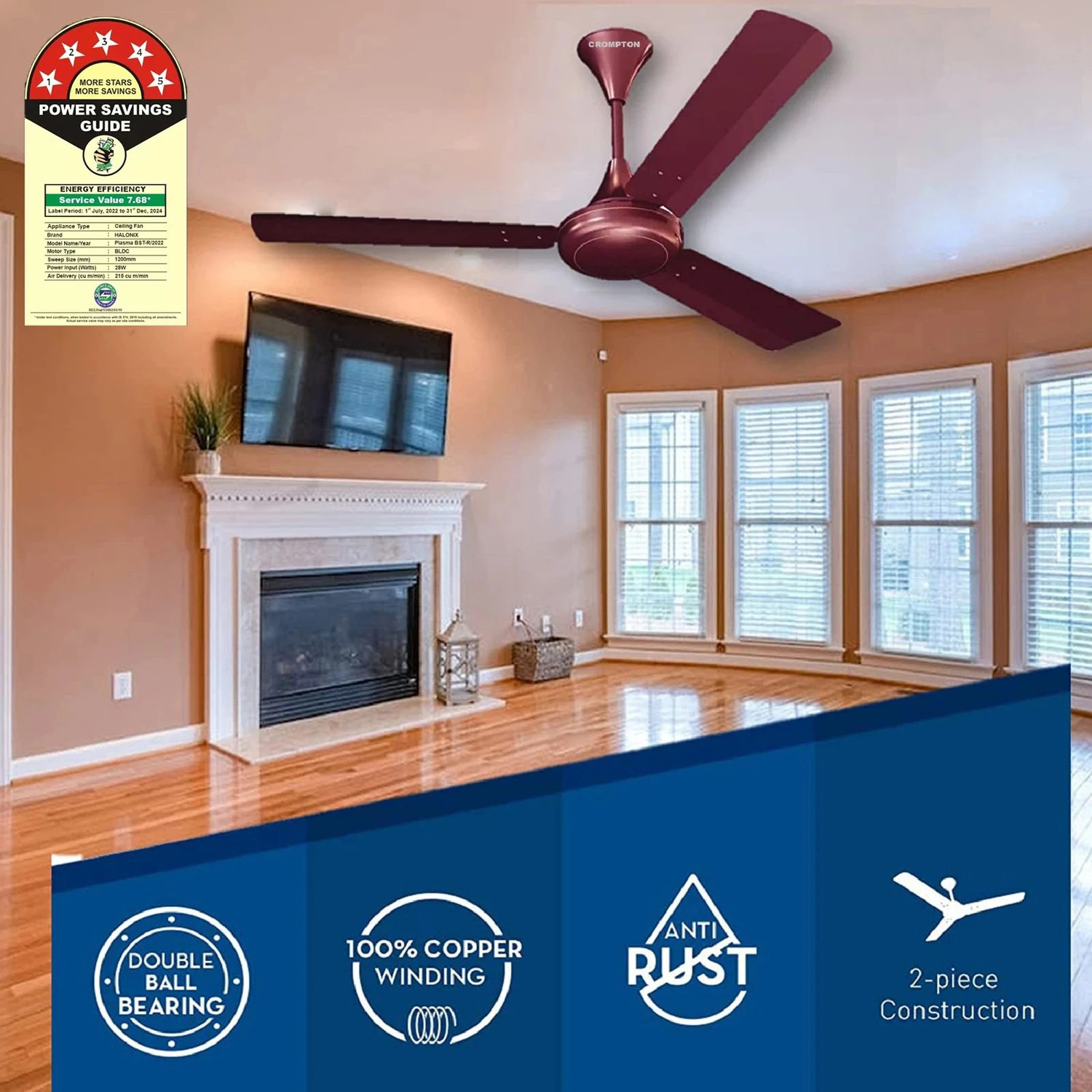 Image of Crompton SUREBREEZE with 24 Months Warranty Energy Saving 1200 mm Ceiling Fan (5 Star | Maroon | Pack of 1)