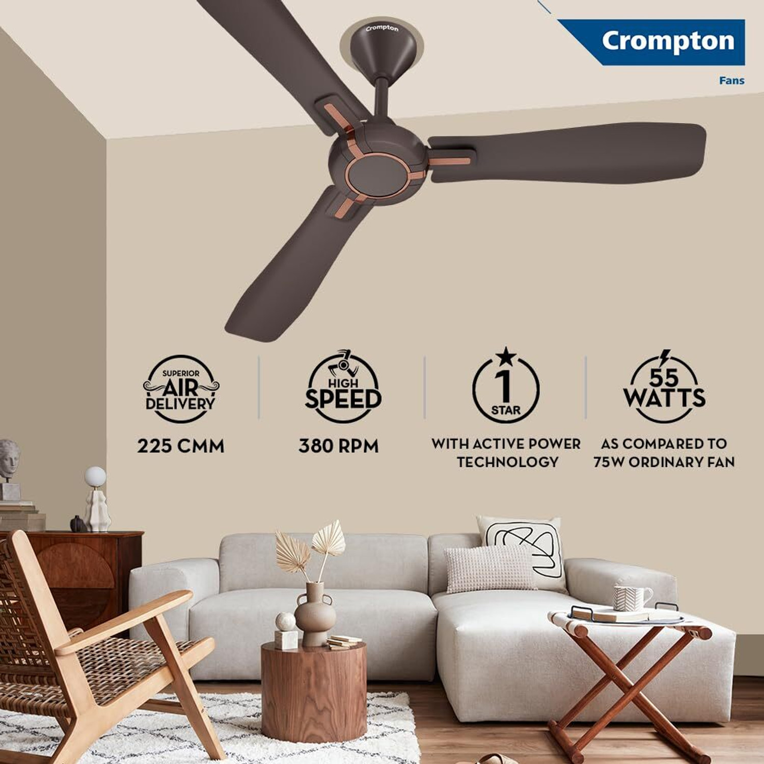 Image of Crompton HIGHSPEED SANTOS ANTIDUST with 2 Year Warranty Anti Dust 1200 mm Ceiling Fan (Americano Brown | Pack of 2)