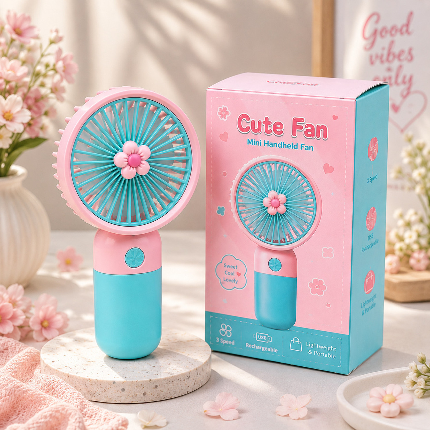 Image of Rdecom Mini USB Desk Rechargeable Fan with LED Light 6 Speed Moodes And Easy to Carry With LED Indicators 100 mm Table Fan (Pink | Pack of 1)